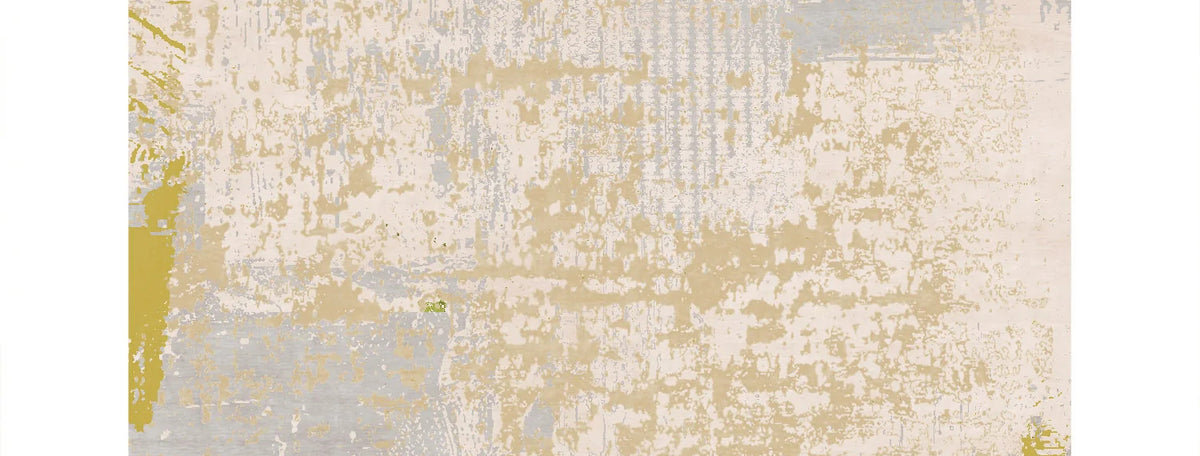 Tocco Caudio TO100 Rug by Second Studio, showing closeup view of tocco caudio to100 rug by second studio in grey/cream/mustard & green.