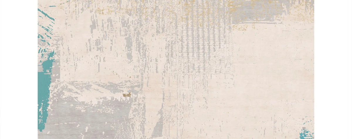 Tocco Da Casauria TA200 Rug by Second Studio, showing closeup view of tocco da casauria ta200 rug by second studio in grey/cream/orange & turquoise.