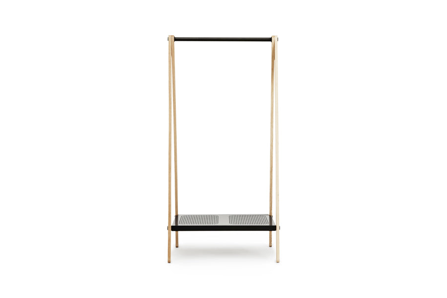 Toj Clothes Rack by Normann Copenhagen, showing front view of toj clothes rack in small/grey powder coated steel.