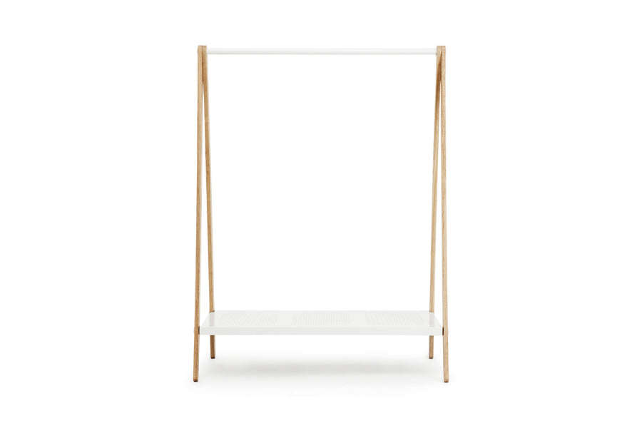 Toj Clothes Rack by Normann Copenhagen, showing front view of toj clothes rack in large/white powder coated steel.