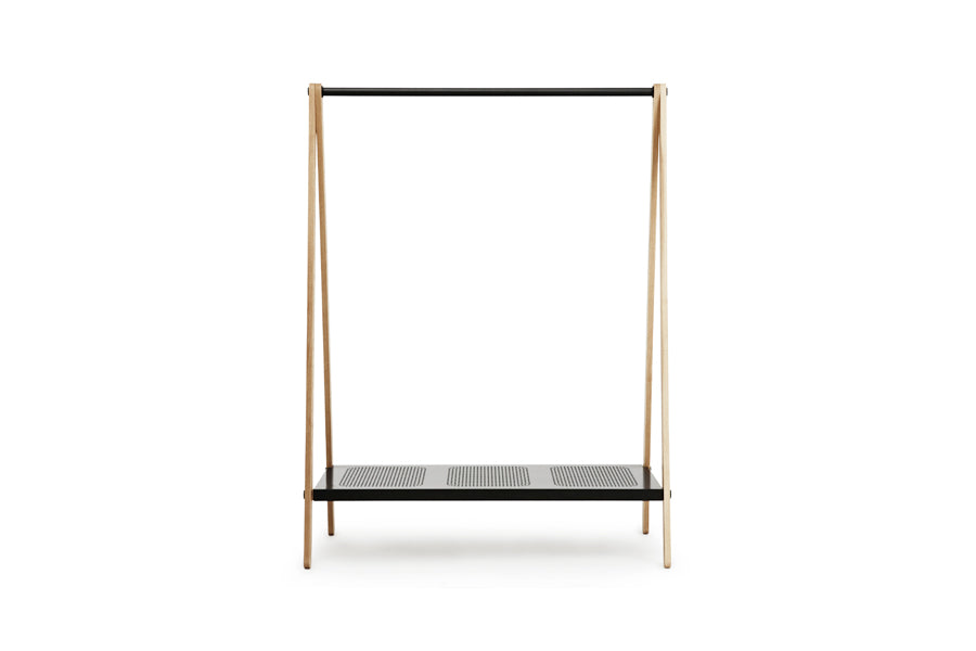 Toj Clothes Rack by Normann Copenhagen, showing front view of toj clothes rack in large/grey powder coated steel.