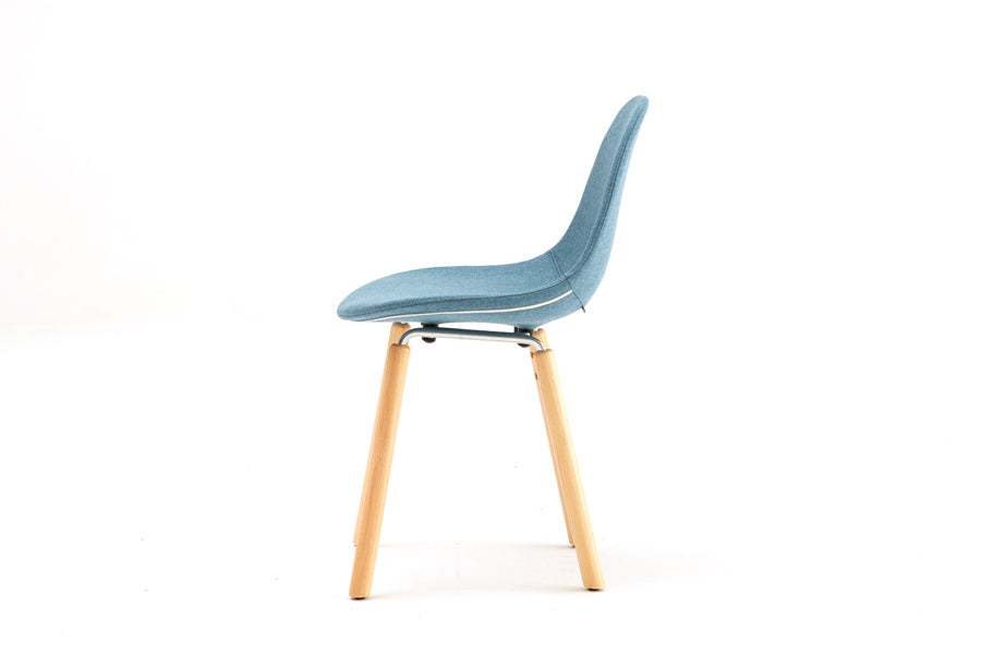 TA Upholstered Side Chair Er by Toou, showing side view of ta upholstered side chair er in chrome/natural oak base, ocean blue shell seat.
