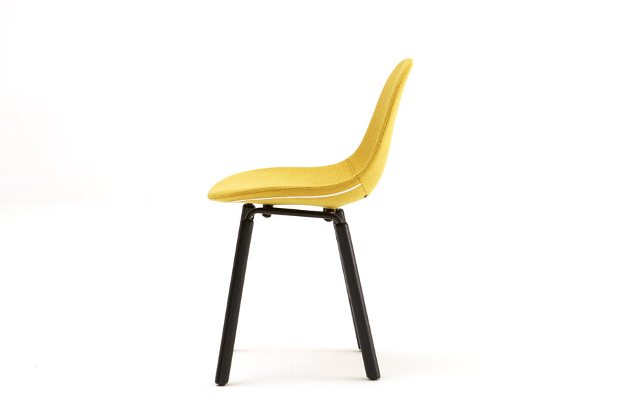 TA Upholstered Side Chair Er by Toou, showing side view of ta upholstered side chair er in black/black oak base, mustard shell seat.