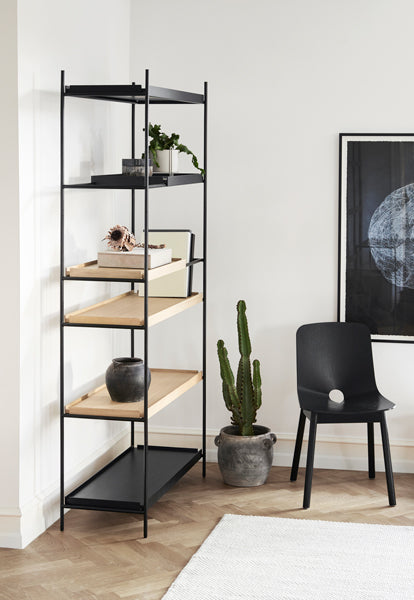 Tray Shelf by Woud, showing side view of tray shelf in live shot.
