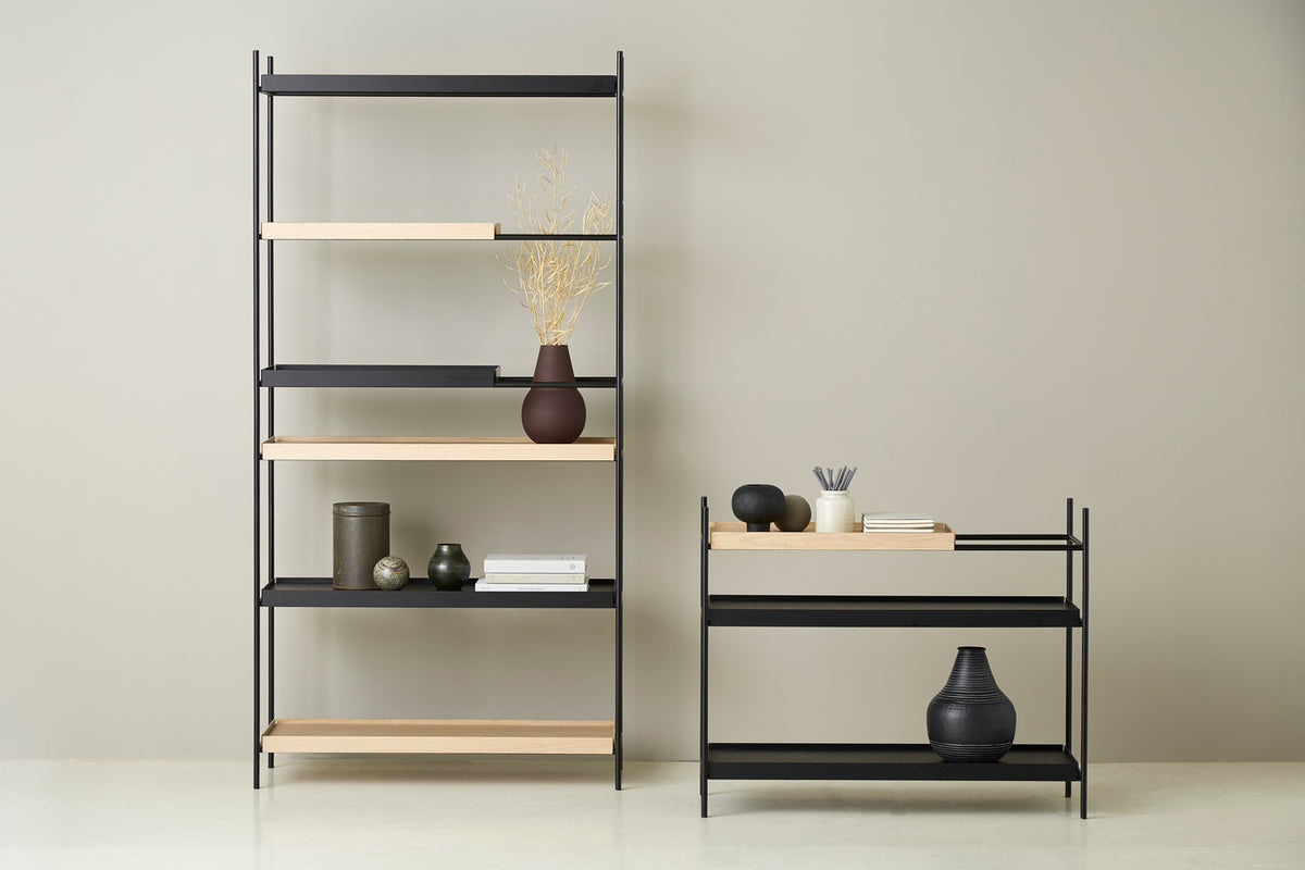 Tray Shelf by Woud, showing front view of tray shelf in live shot.