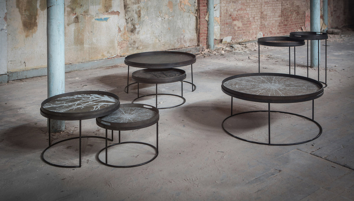 Tree Tray by Ethnicraft, showing wooden round trays in live shot.