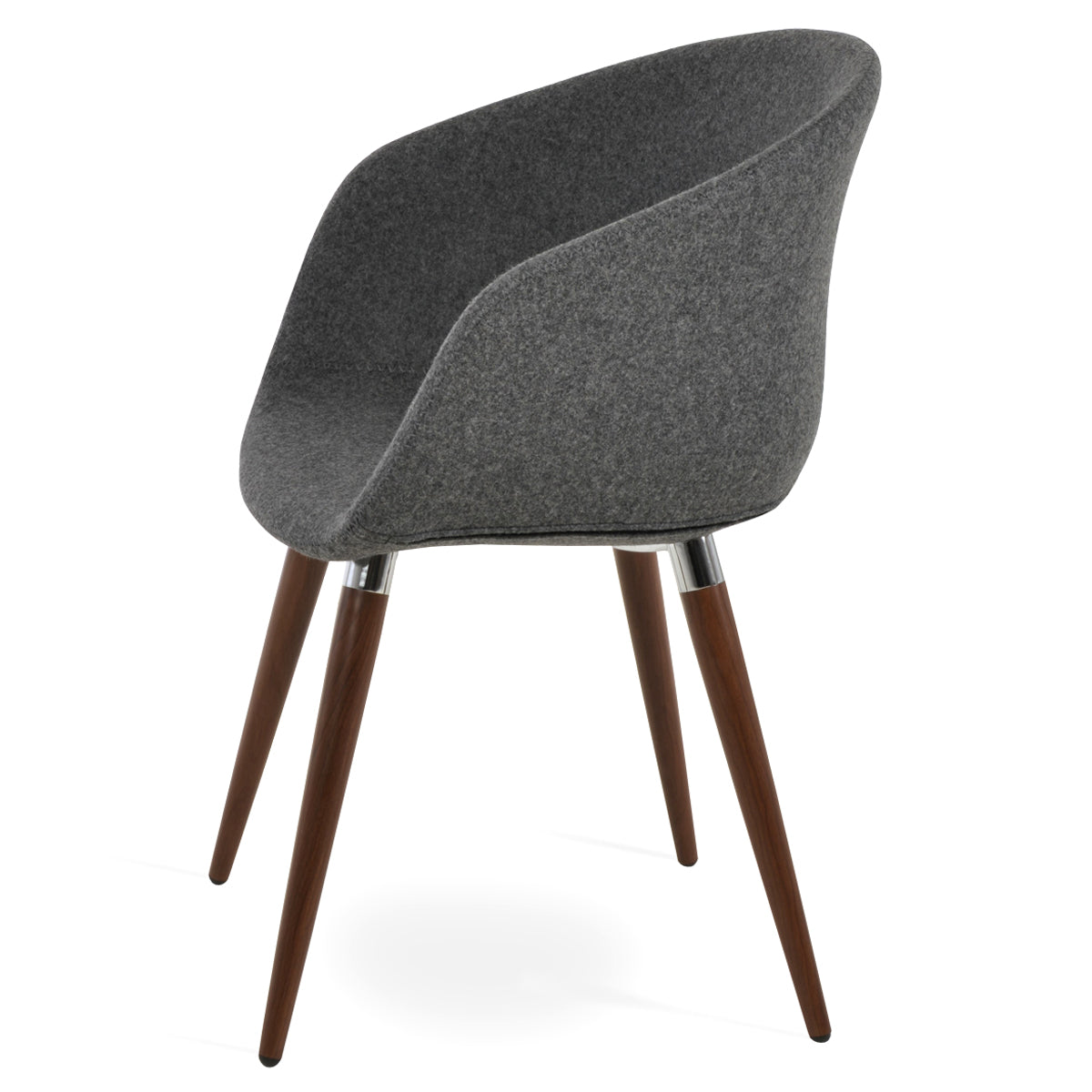 Tribeca Ana Armchair by SohoConcept, showing side view of tribeca ana armchair in walnut veneer with chrome bracelet footrest/camira blazer dark grey wool.