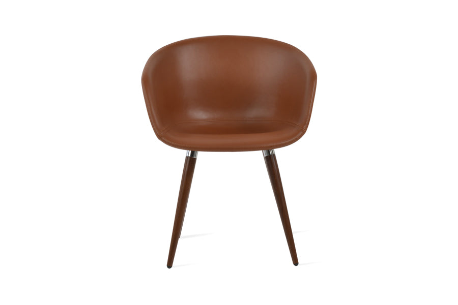 Tribeca Ana Armchair by SohoConcept, showing front view of tribeca ana armchair in walnut veneer with chrome bracelet footrest/hazelnut ppm-s.