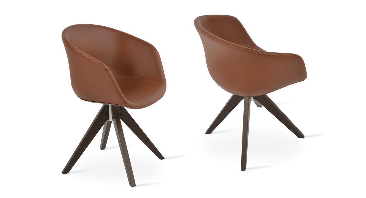 Tribeca Arm Pyramid Swivel Chair by SohoConcept, showing angle/back angle view of arm pyramid swivel dining chairs together.