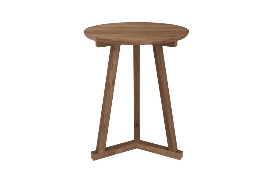 Tripod Side Table by Ethnicraft, showing front view of tripod side table in teak wood.