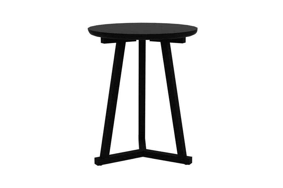 Tripod Side Table by Ethnicraft, showing front view of tripod side table in black oak wood.