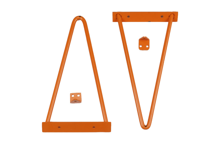 Adams Shelf Brackets by Tronk Design, showing brackets of adams shelf brackets in orange powder coated steel.