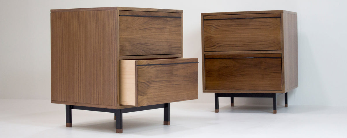 Chapman Single Unit Storage Nightstand by Tronk Design, showing chapman single unit storage nightstands with open and closed drawer together in live shot.