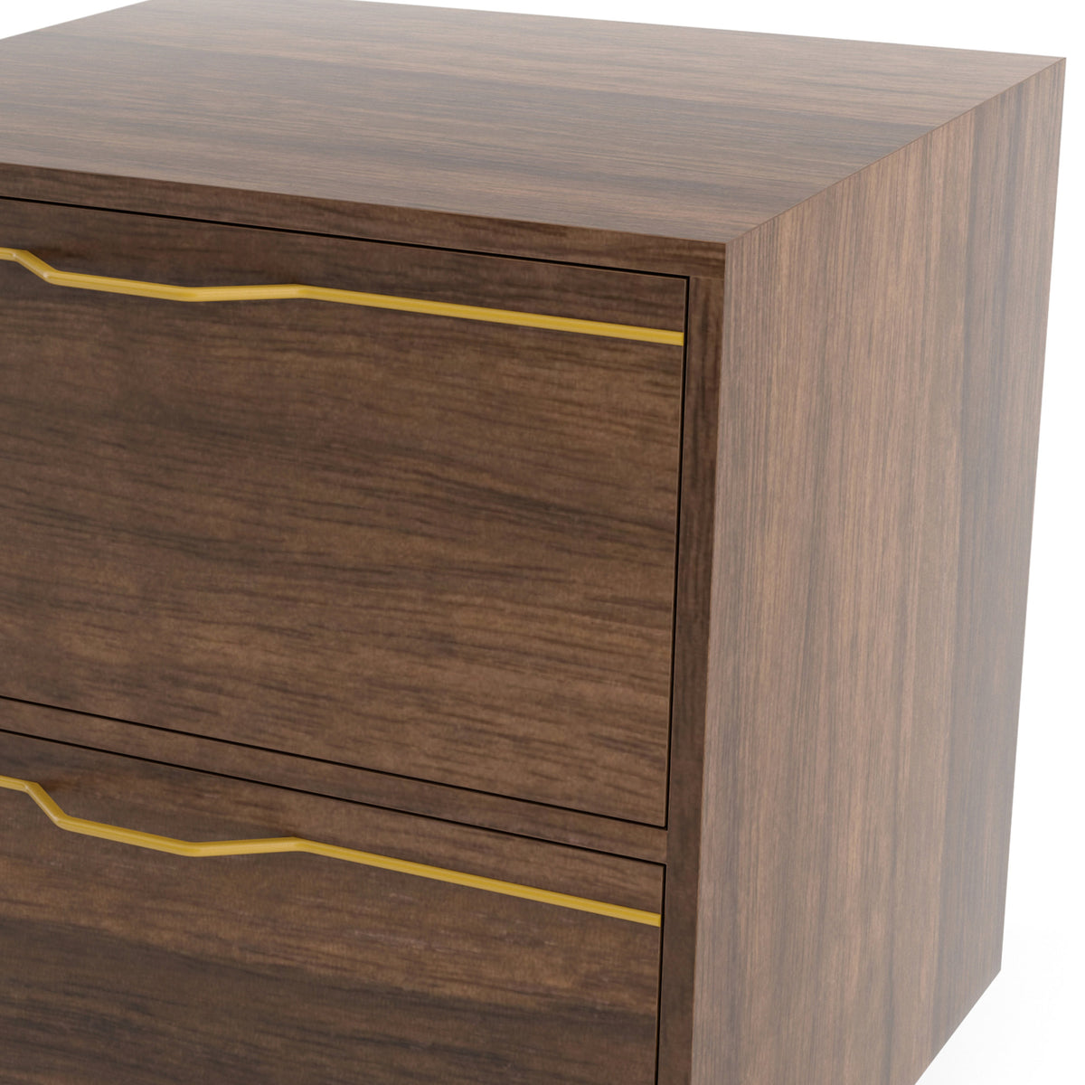 Chapman Single Unit Storage Nightstand by Tronk Design, showing closeup view of chapman single unit storage nightstand in walnut wood, mustard powder coated steel.