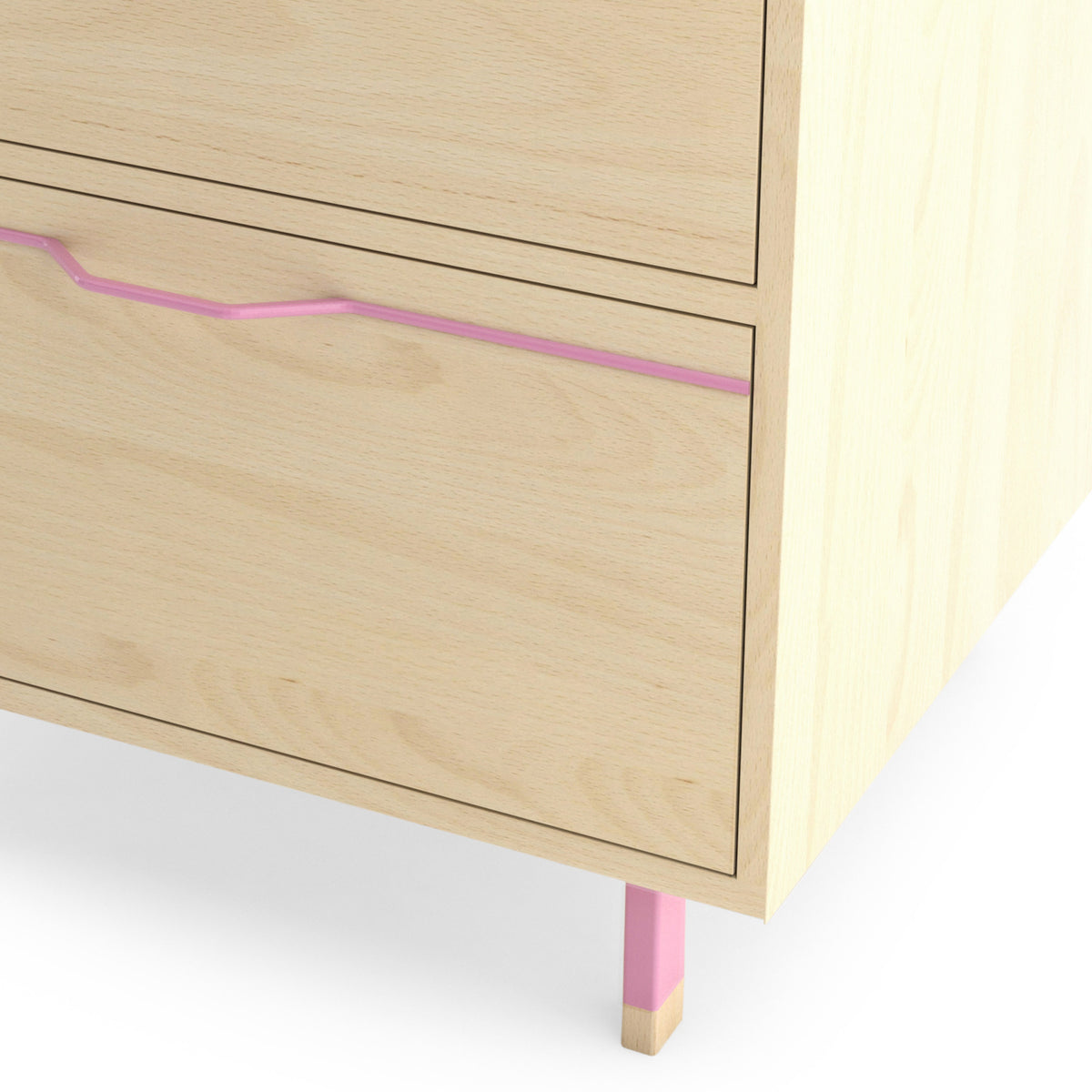 Chapman Single Unit Storage Nightstand by Tronk Design, showing closeup view of chapman single unit storage nightstand in maple wood, pink powder coated steel.