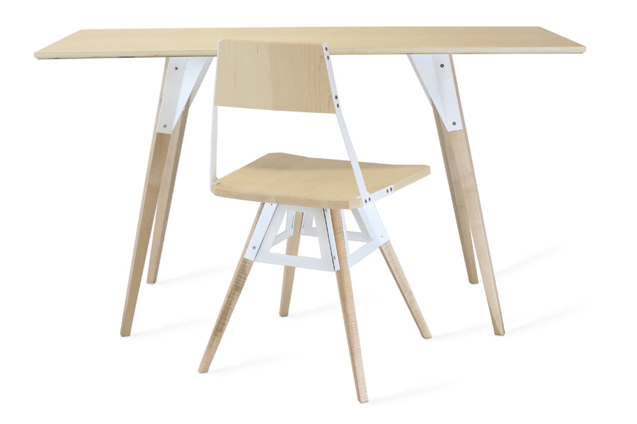 Clarke Desk by Tronk Design, showing clarke desk with chair in maple wood finish, white powder coated steel.