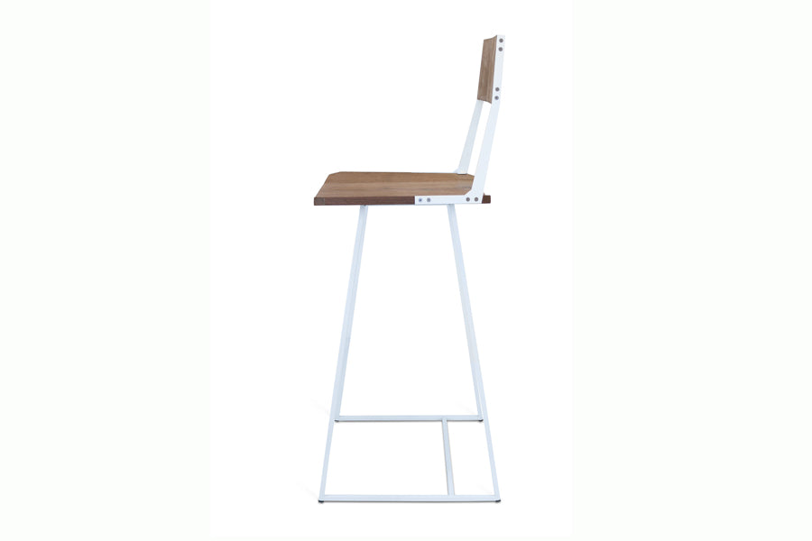 Clarkester Stool by Tronk Design, showing side view of clarkester stool in walnut wood, white powder coated steel.