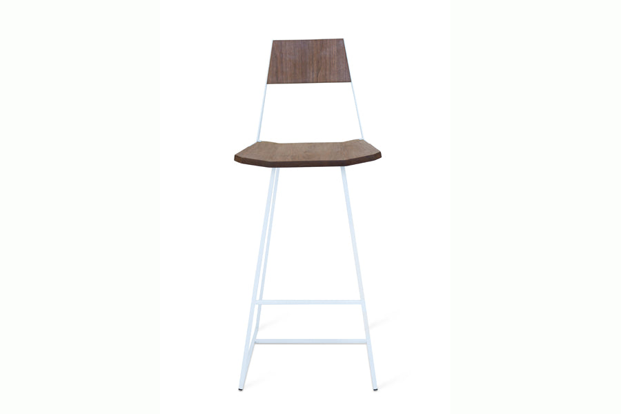 Clarkester Stool by Tronk Design, showing front view of clarkester stool in walnut wood, white powder coated steel.