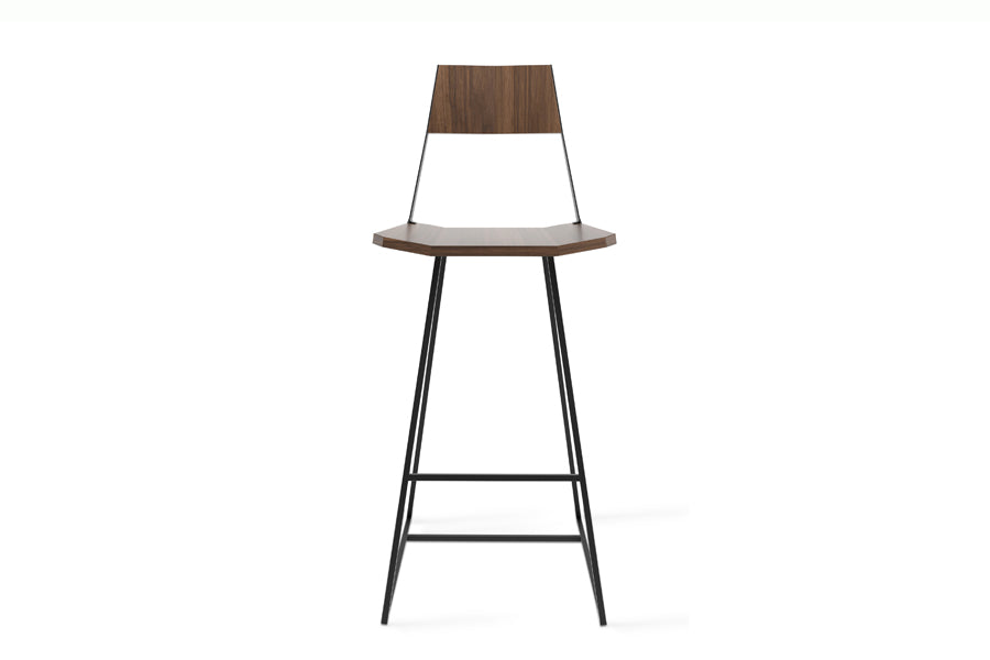 Clarkester Stool by Tronk Design, showing front view of clarkester stool in walnut wood, black powder coated steel.