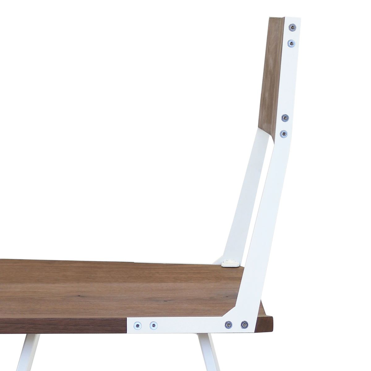 Clarkester Chair by Tronk Design, showing detail view of clarkester chair in walnut wood, white powder coated steel.