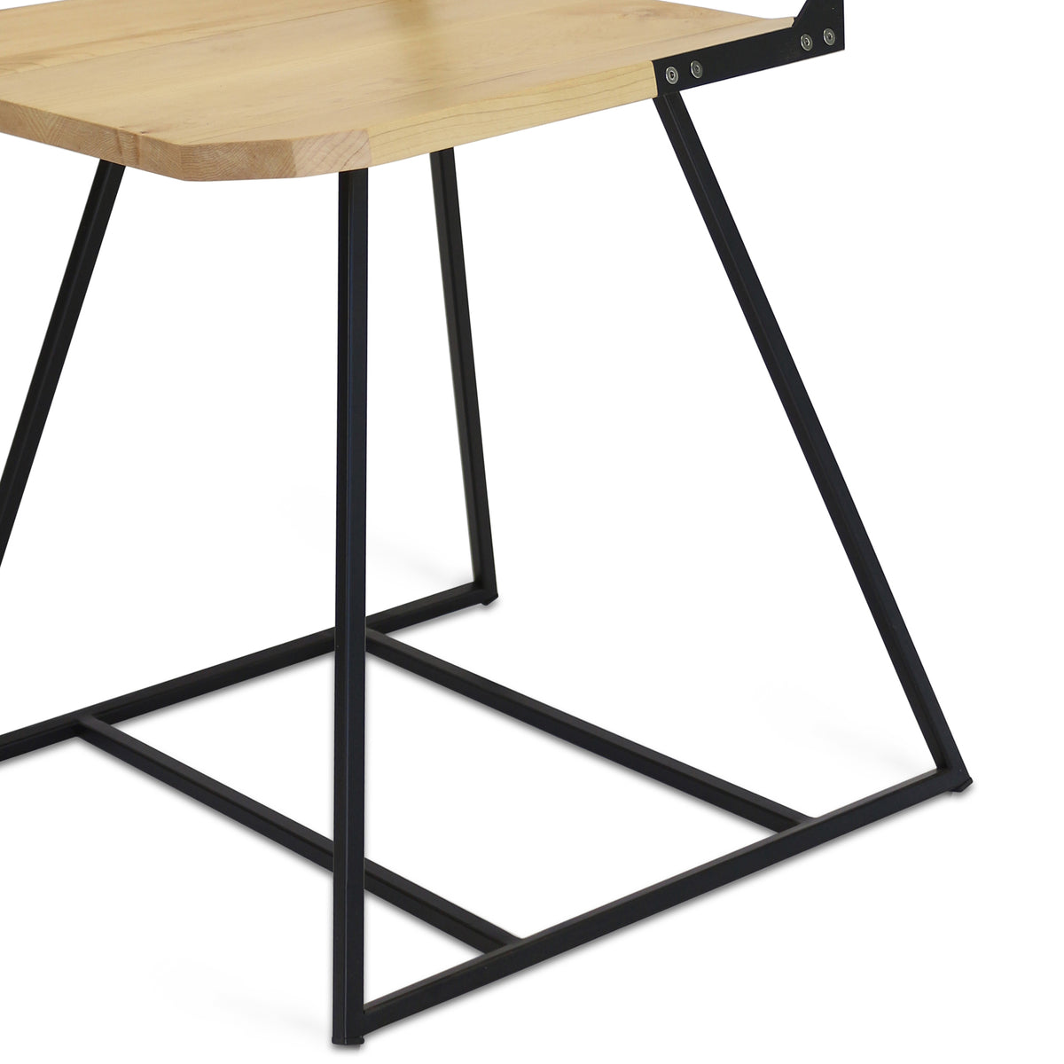 Clarkester Chair by Tronk Design, showing detail view of clarkester chair in maple wood, black powder coated steel.