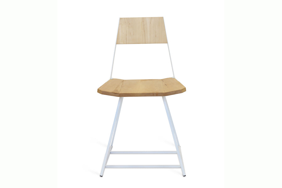 Clarkester Chair by Tronk Design, showing front view of clarkester chair in maple wood, white powder coated steel.
