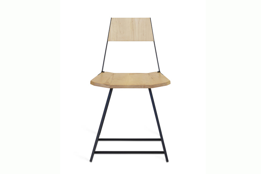 Clarkester Chair by Tronk Design, showing front view of clarkester chair in maple wood, black powder coated steel.