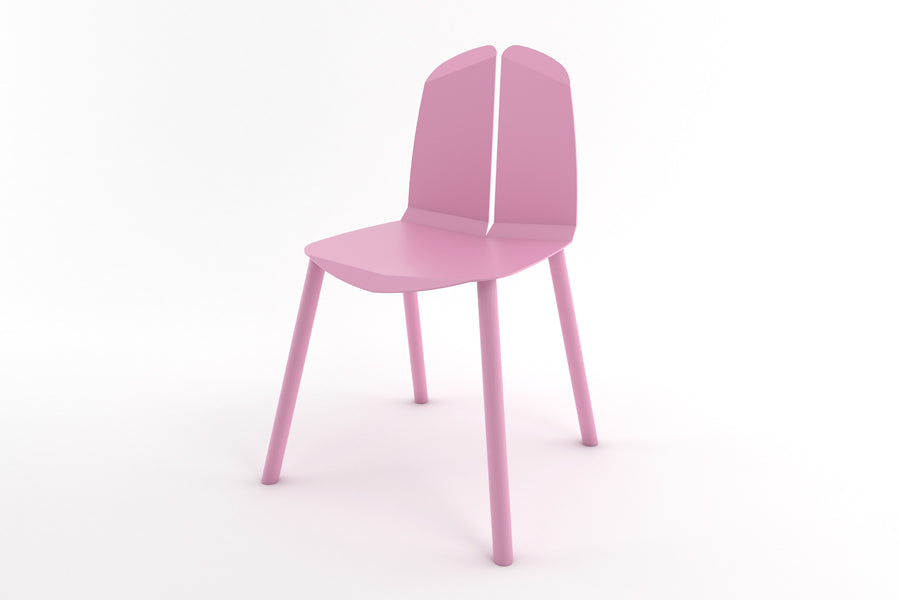 Noa Chair by Tronk Design, showing noa chair in pink powder coated steel seat/pink painted oak legs.