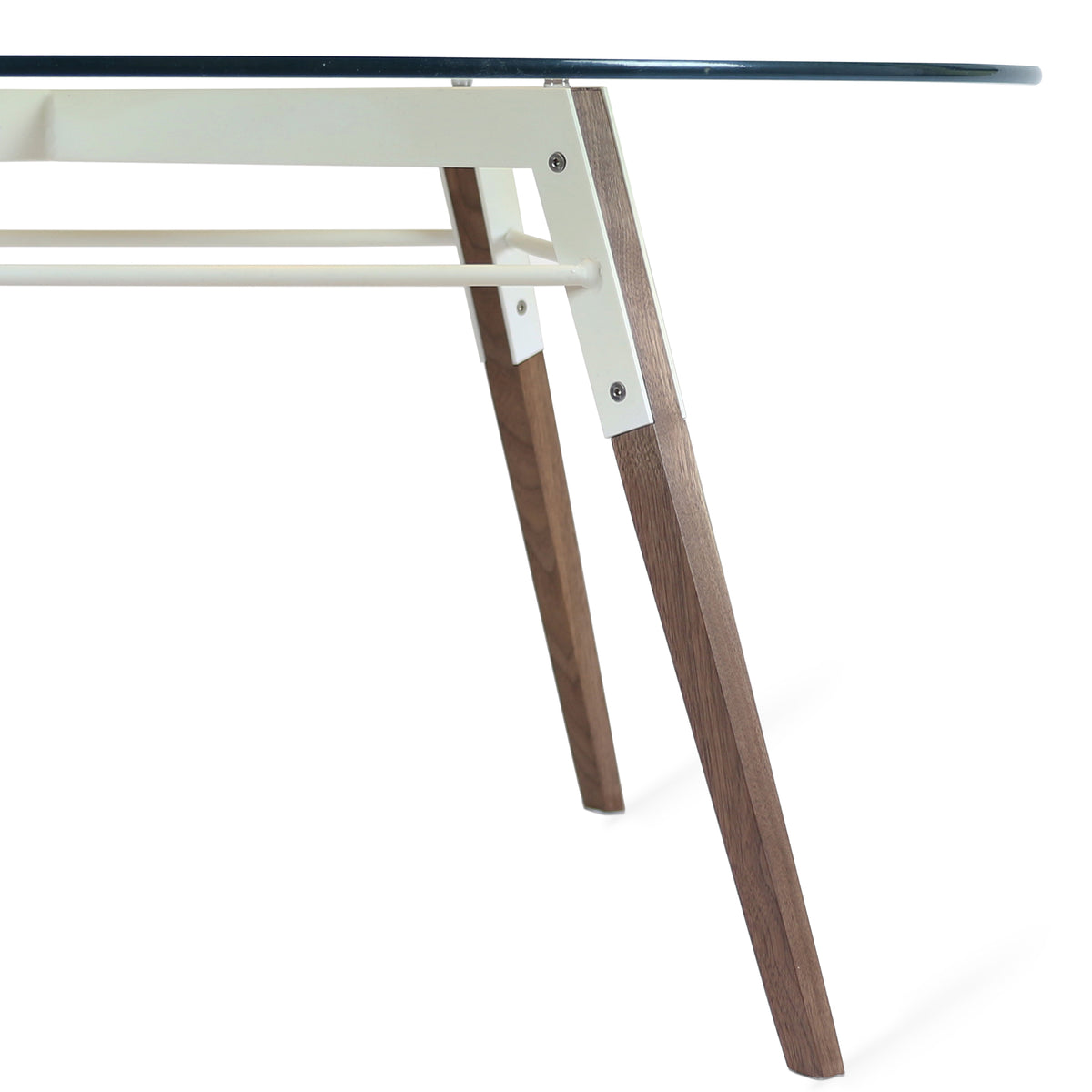 Ross Coffee Table by Tronk Design, showing closeup view of ross coffee table in walnut wood/white powder coated steel.