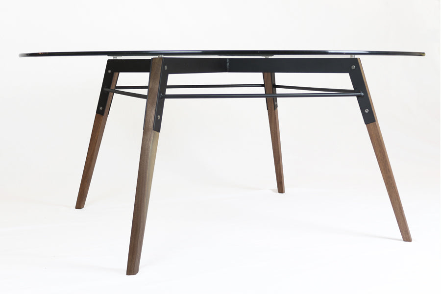 Ross Coffee Table by Tronk Design, showing ross coffee table in walnut wood/black powder coated steel.