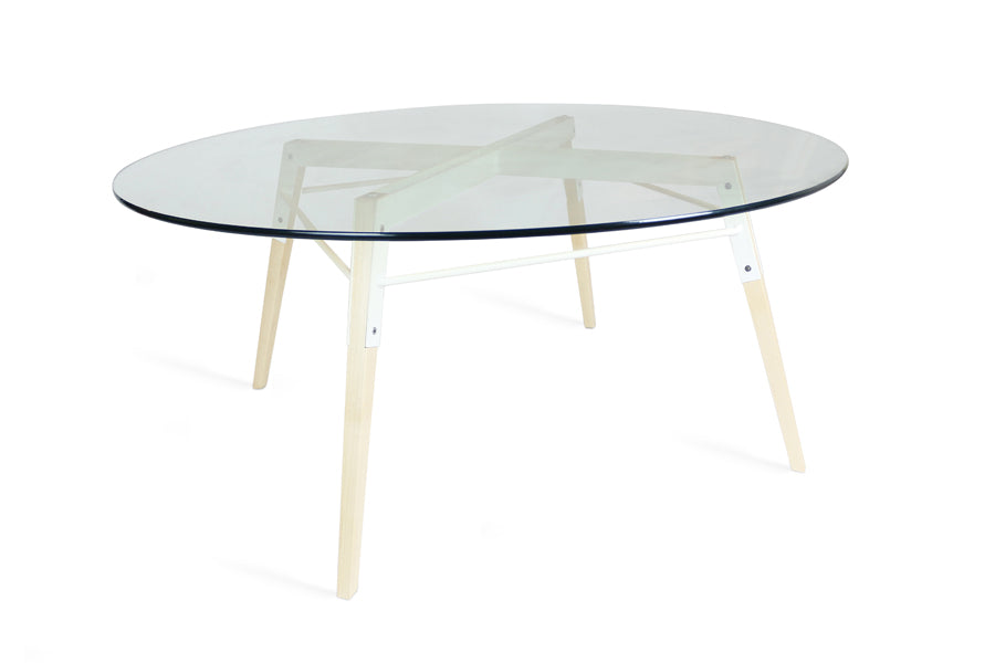 Ross Coffee Table by Tronk Design, showing ross coffee table in maple wood/white powder coated steel.