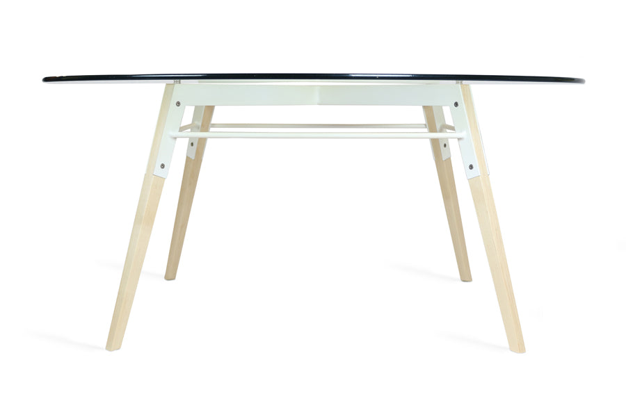 Ross Coffee Table by Tronk Design, showing ross coffee table in maple wood/white powder coated steel.