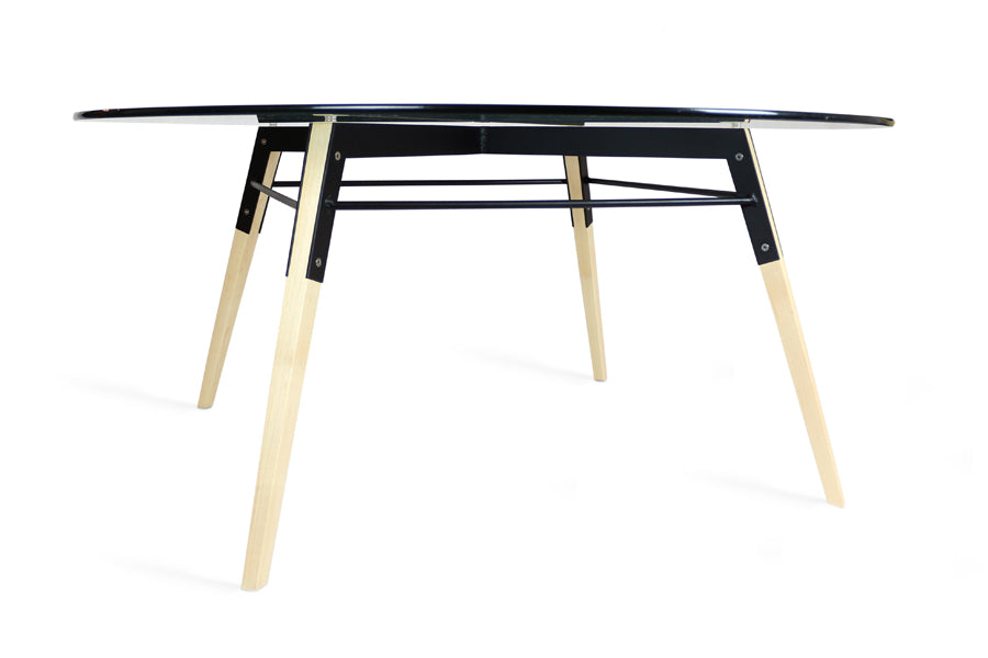 Ross Coffee Table by Tronk Design, showing ross coffee table in maple wood/black powder coated steel.