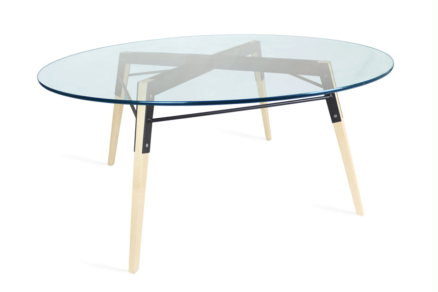 Ross Coffee Table by Tronk Design, showing ross coffee table in maple wood/black powder coated steel.