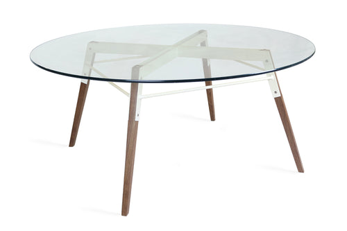 Ross Coffee Table by Tronk Design, showing ross coffee table in walnut wood/white powder coated steel.