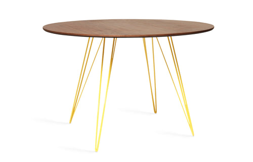 Williams Round Dining Table by Tronk Design - Walnut Wood, Yellow Powder Coated Steel.