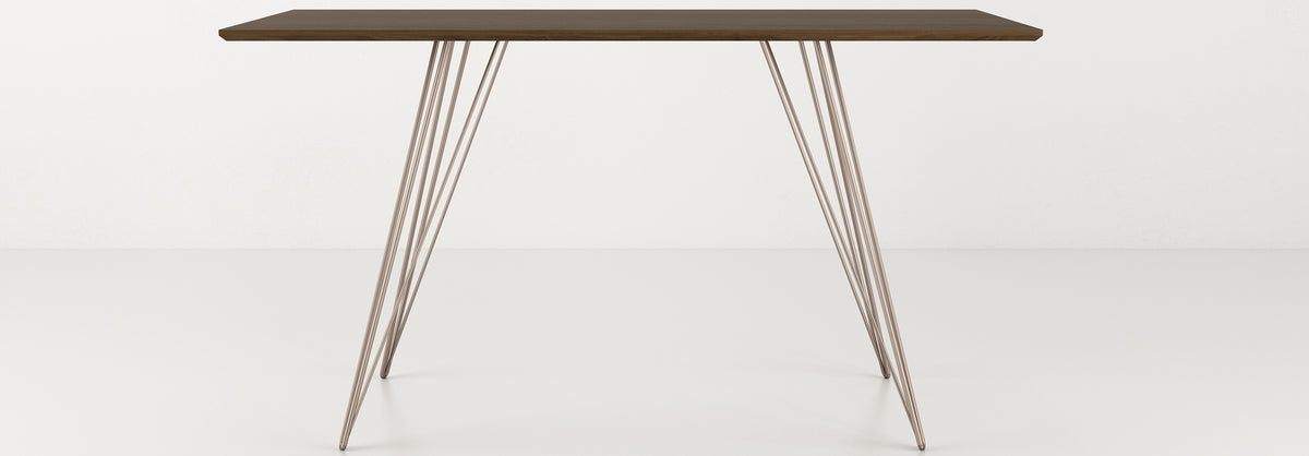 Williams Writing Desk by Tronk Design, showing front view of williams writing desk in walnut wood, rose copper powder coated steel.