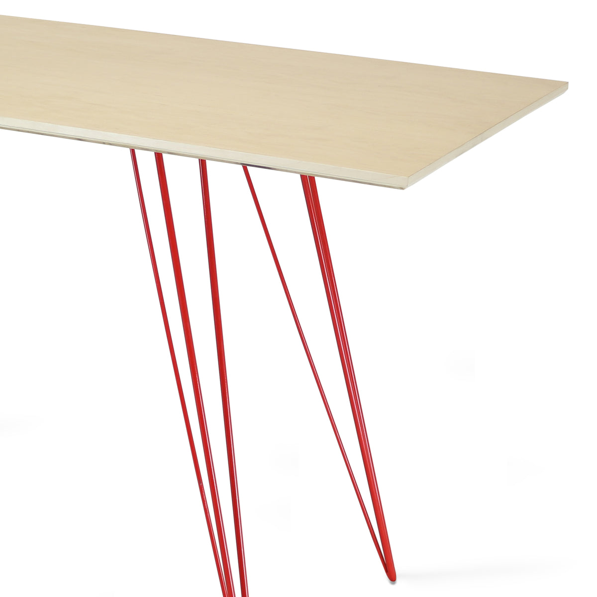 Williams Writing Desk by Tronk Design, showing closeup view of williams writing desk in maple wood, red powder coated steel.