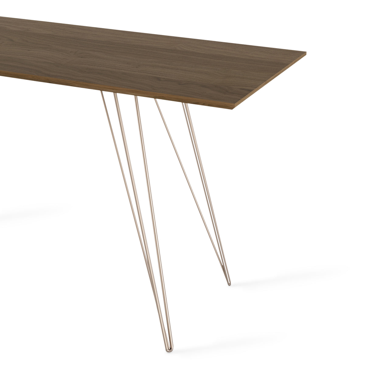 Williams Writing Desk by Tronk Design, showing closeup view of williams writing desk in walnut wood, rose copper powder coated steel.