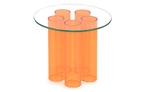 Tubular Occasional Table by m.a.d. - Orange Acrylic Base with Clear Glass Top.