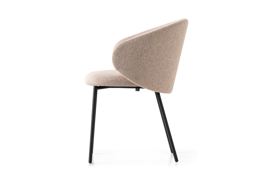 Tuka Metal Legs Armchair by Connubia, showing side view of tuka metal legs armchair in matt black metal frame + taupe cros upholstery.