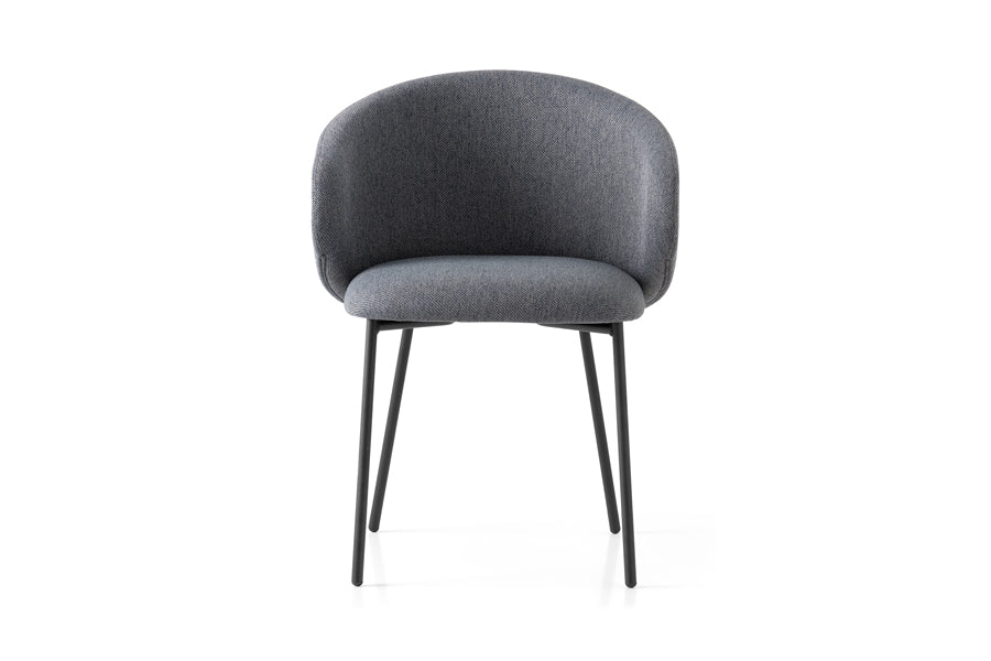 Tuka Metal Legs Armchair by Connubia, showing front view of tuka metal legs armchair in matt black metal frame + black cros upholstery.