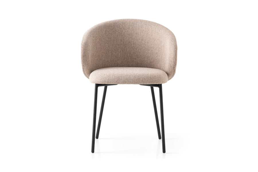 Tuka Metal Legs Armchair by Connubia, showing front view of tuka metal legs armchair in matt black metal frame + taupe cros upholstery.