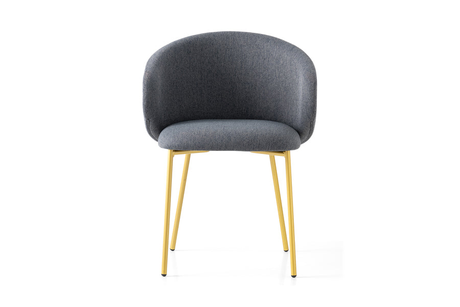 Tuka Metal Legs Armchair by Connubia, showing front view of tuka metal legs armchair in painted brass metal frame + black cros upholstery.