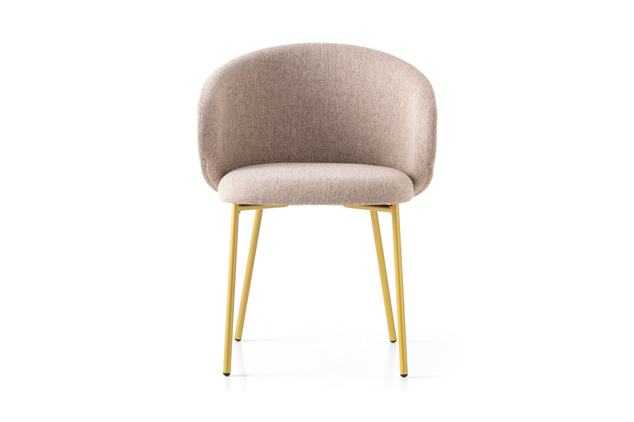 Tuka Metal Legs Armchair by Connubia, showing front view of tuka metal legs armchair in painted brass metal frame + taupe cros upholstery.
