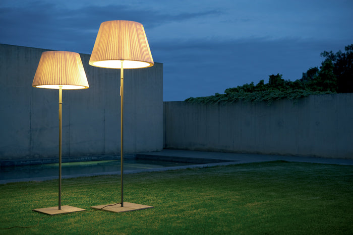 TXL Outdoor Floor Lamp by Marset, cast iron base with slate and metallic stem.