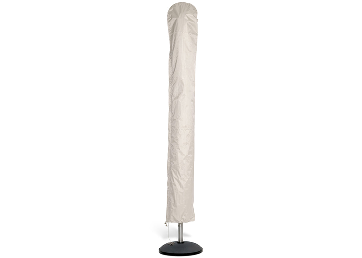 Umbrella Squre Cover by Skagerak, showing angle view of umbrella square cover in white plastic.