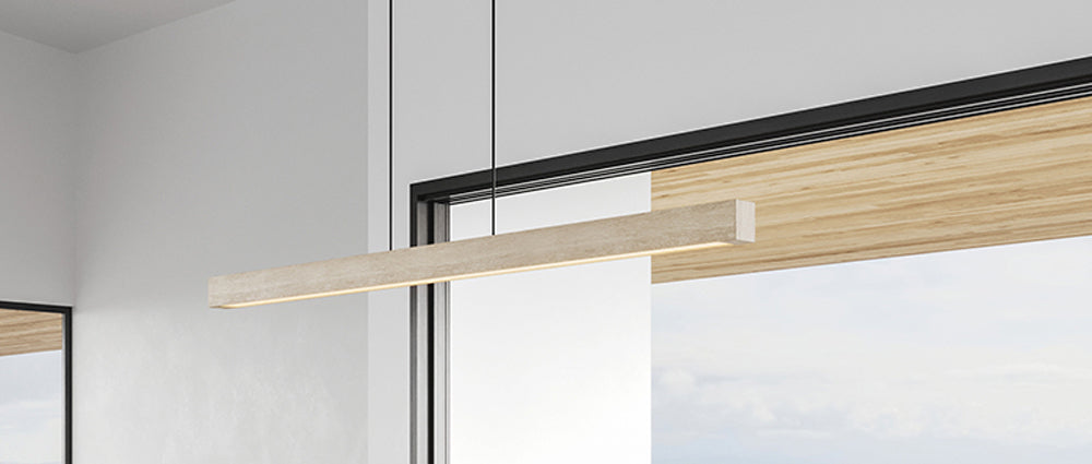Una 66" LED Linear Pendant by Cerno, showing una 66" led linear pendant in live shot.