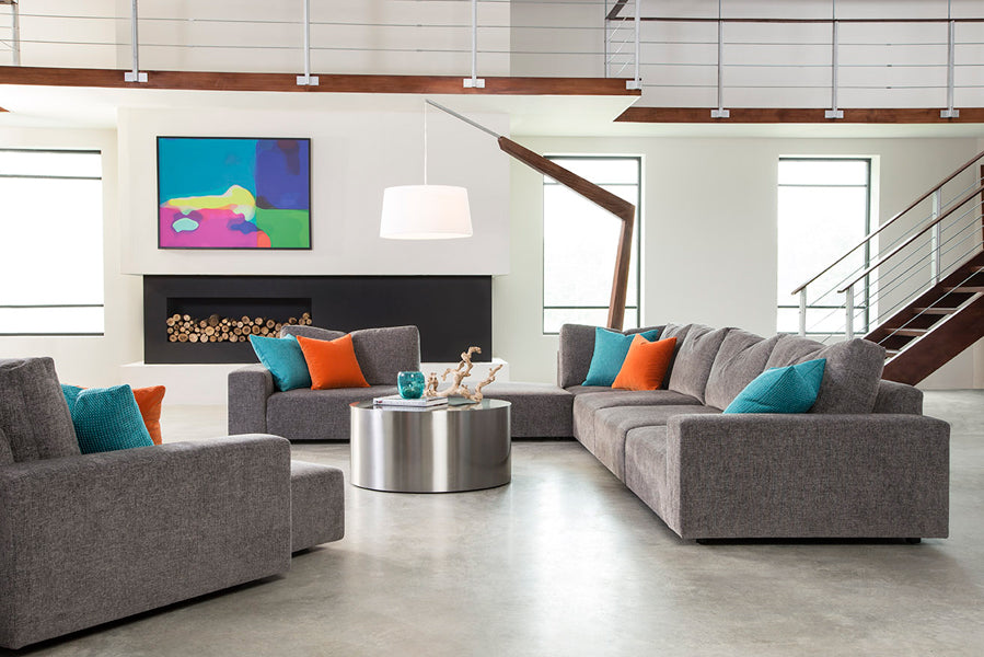 Valeo Floor Lamp by Cerno, showing valeo floor lamp with sectionals & table in live shot.