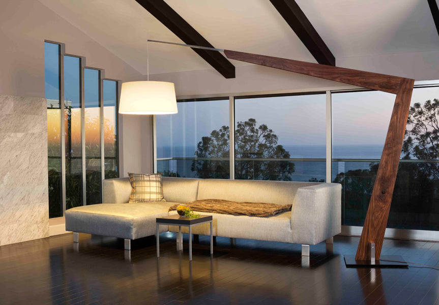 Valeo Floor Lamp by Cerno, showing valeo floor lamp with sectional & table in live shot.